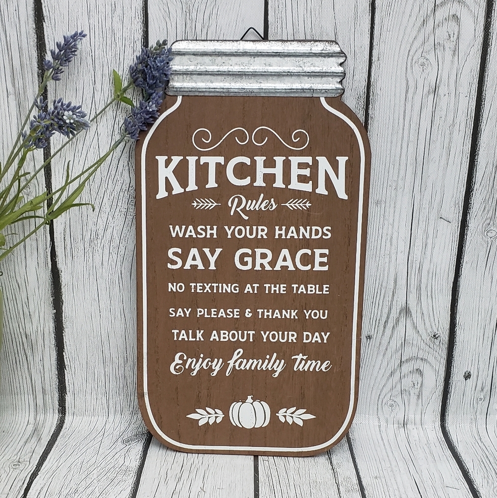 Mason Jar Shaped Kitchen Rules Sign Farmhouse Decor